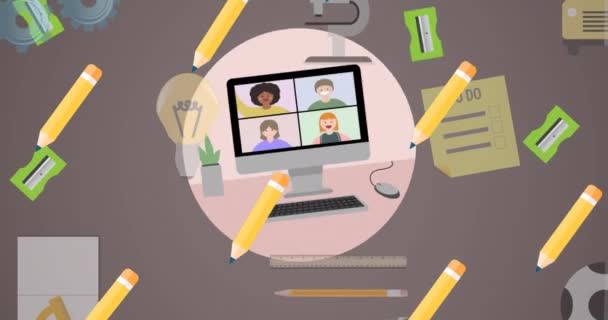 Animatie Van Schoolartikelen Pictogrammen Bewegen Groene Achtergrond School Onderwijs Studie — Stockvideo