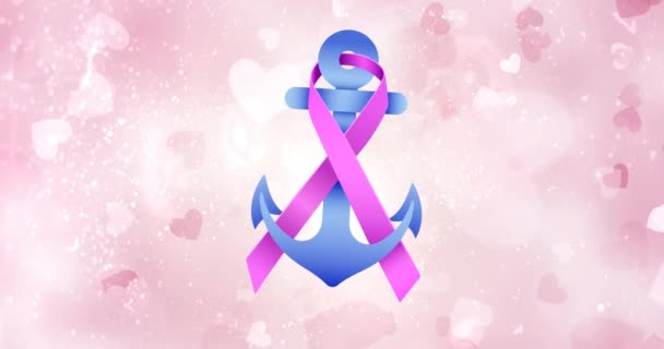 Animation Pink Ribbon Anchor Logo Appearing Pink Background Breast Cancer — Stock Video