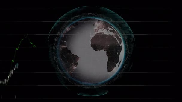 Siyah Arkaplana Karşı Dönen Dünya Üzerinde Istatistiksel Veri Işleme Dijital — Stok video