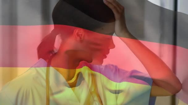 Germany Flag Waving Stressed African American Female Health Worker Hospital — Stock Video