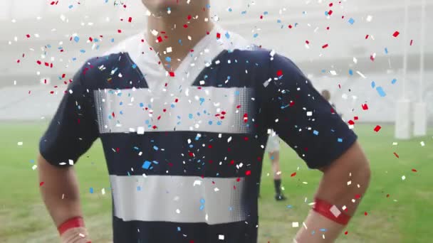 Animatie Van Confetti Mannelijke Rugbyspelers Tijdens Wedstrijd Het Stadion Sport — Stockvideo