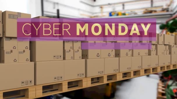 Cyber Monday Sale Text Banner Multiple Delivery Boxes Conveyer Belt — Stock Video