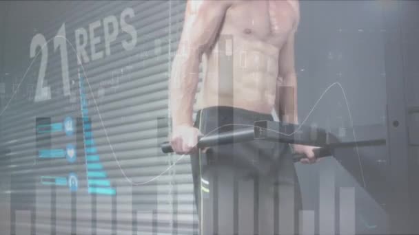 Animatie Van Gegevensverwerking Sterke Man Die Met Fitnesstoestellen Traint Sport — Stockvideo