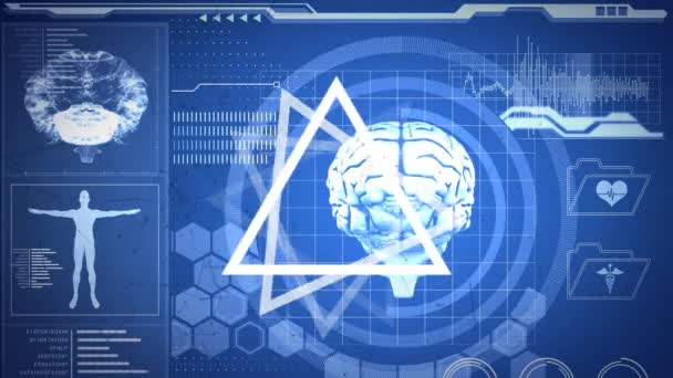 Forma Triangular Geométrica Girando Sobre Interface Digital Com Processamento Dados — Vídeo de Stock