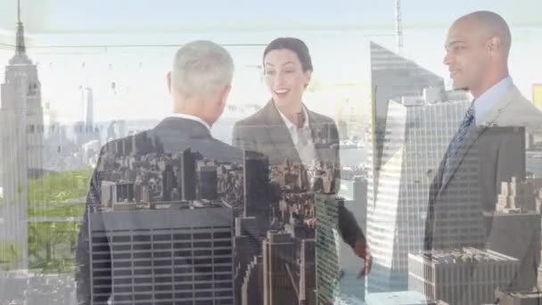 Digital Composition Diverse Businesspeople Shaking Hands Office Aerial View Cityscape — Stock Video
