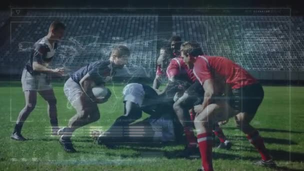 Animation Von Datenverarbeitung Und Rugbyspielern Über Sportstadien Globales Sport Und — Stockvideo