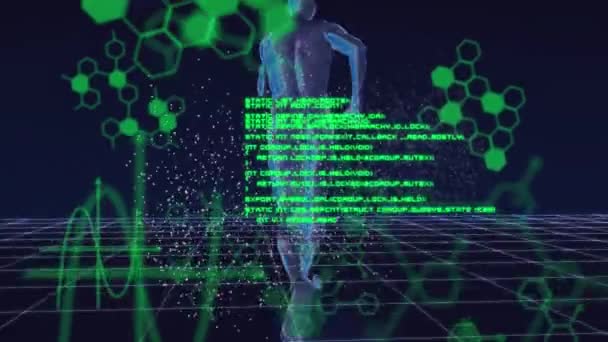 Dna鎖のアニメーションがグリッド上で人間を回転させます 科学と研究の概念をデジタルで生成し — ストック動画