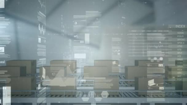 倉庫のコンベアベルト上のボックス上の財務データ処理のアニメーション 世界中の出荷 接続の概念デジタル生成ビデオ — ストック動画