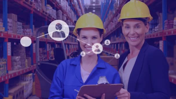 Network Profile Icons Portrait Female Supervisor Worker Smiling Warehouse Logistics — Stock Video