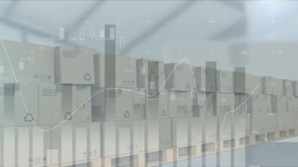 Animação Processamento Dados Financeiros Sobre Caixas Correias Transportadoras Armazém Conceito — Vídeo de Stock
