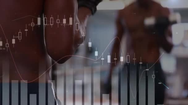 Animace Zpracování Dat Nad Silným Mužem Cvičení Posilovnou Sport Fitness — Stock video