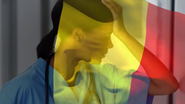 Bandeira Bélgica Acenando Contra Mulheres Afro Americanas Estressadas Hospital Conceito — Vídeo de Stock
