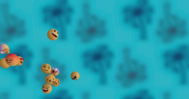 Digitální Animace Vícečetné Tváře Emojis Plovoucí Proti Květinové Vzory Modrém — Stock video