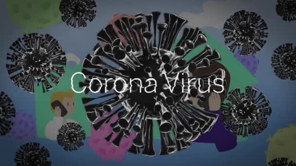 Coronavirus Text Covid Cells Man Woman Talking Smartphone Home Icons — Stock Video