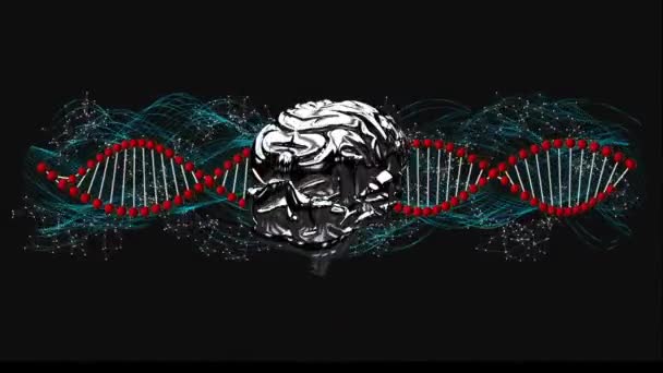 接続と脳のネットワーク上で回転するDna鎖のアニメーション 科学と研究の概念をデジタルで生成し — ストック動画