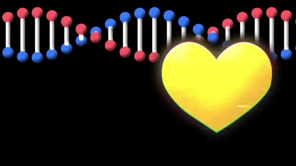 Yellow Heart Icon Dna Structure Spinning Black Background Social Media — Stock Video