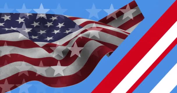 Animatie Van Strepen Amerikaanse Vlag Blauwe Achtergrond Patriottisme Viering Concept — Stockvideo