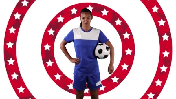 Animatie Van Vrouwelijke Voetballer Amerikaanse Vlag Patroon Kleur Cirkels Sport — Stockvideo