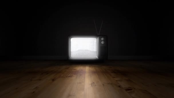 Abstraktní Tvary Televizní Obrazovce Nad Dřevěným Povrchem Černém Pozadí Televizní — Stock video