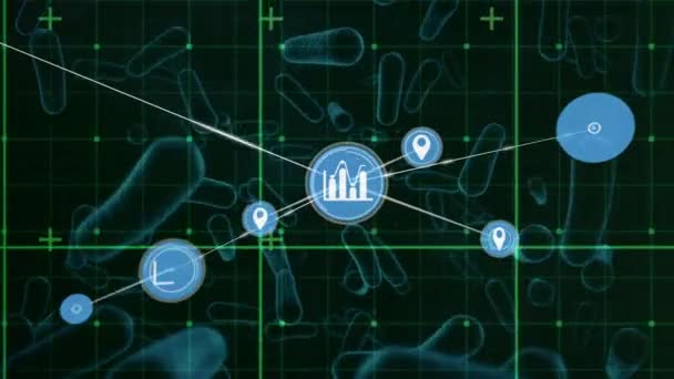数字图标网络通过网格网络对抗蓝色背景下的多个血管 Coronavirus Covid 19大流行病概念 — 图库视频影像