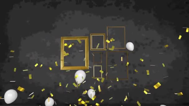 Gouden Confetti Vallen Witte Ballonnen Zweven Tegen Meerdere Frames Zwarte — Stockvideo