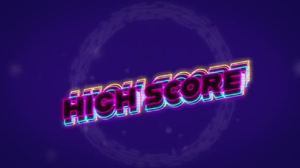 Digitální Animace Neon High Score Textu Stínovým Efektem Nad Zářícími — Stock video