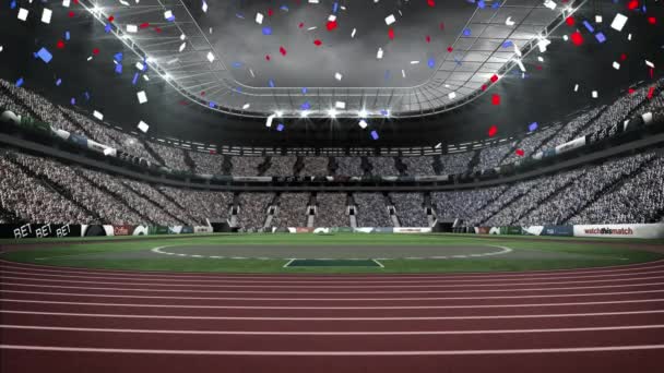 Animatie Van Blauwe Rode Confetti Vallen Sportstadion Patriottisme Viering Concept — Stockvideo