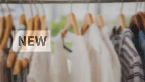 Animatie Van Nieuwe Collectietekst Kleding Hangers Winkel Retailconcept Digitaal Gegenereerde — Stockvideo