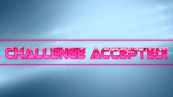 Challenge Accepterade Text Över Neon Banner Mot Ljusfläckar Blå Bakgrund — Stockvideo