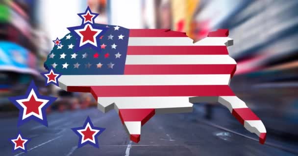 Animación Estrellas Rojas Blancas Azules Sobre Mapa Bandera Americana Sobre — Vídeo de stock
