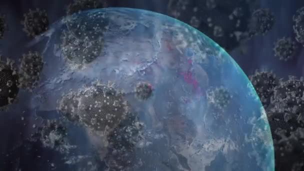 Cyfrowa Animacja Wielu Komórek Covid Unoszących Się Wirującym Globie Niebieskim — Wideo stockowe