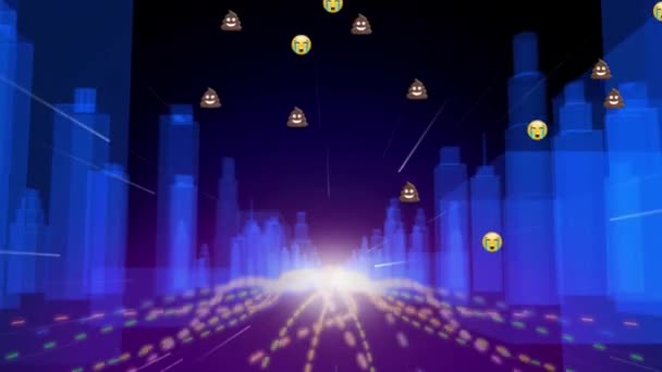 Animación Digital Múltiples Emojis Cayendo Sobre Senderos Luz Modelo Ciudad — Vídeos de Stock
