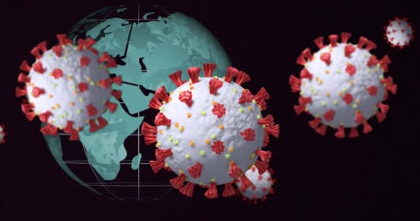 多个Covid 19细胞在黑色背景下漂浮在旋转的地球上的数字动画 Coronavirus Covid 19大流行病概念 — 图库视频影像