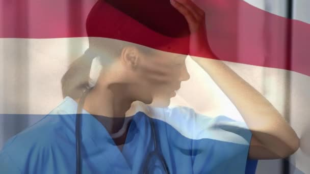 Bendera Belanda Melambaikan Tangan Atas Menekankan Afrika Amerika Perempuan Pekerja — Stok Video