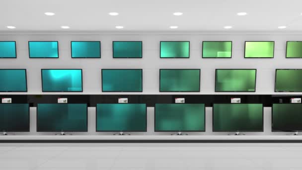 Elektronikai Bolt Belseje Szinkronizált Videólejátszással Több Televízió Képernyőjén Elektronika Kiskereskedelem — Stock videók