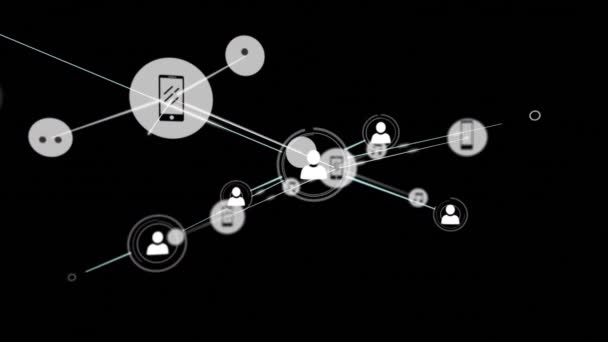 Animation Networks Connections Icons Black Background Global Connections Digital Interface — Stock Video