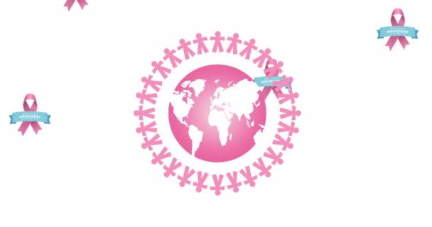 多重粉色丝带标志的动画落在粉色球体文字之上 出现在白色背景上 乳腺癌认识运动概念数字化生成的视频 — 图库视频影像