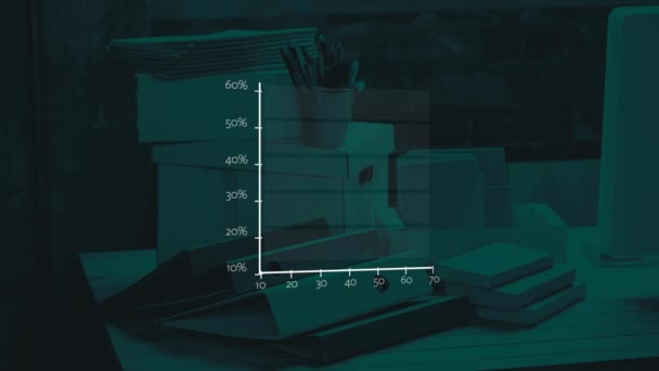 Анимирование Загрузки Данных Белом Столбце Графика Над Столом Заваленным Файлами — стоковое видео