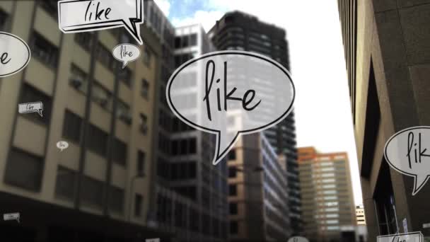 Yuvarlak Afişteki Rakamlar Artıyor Yüksek Binalara Karşı Çoklu Konuşma Baloncuklarındaki — Stok video