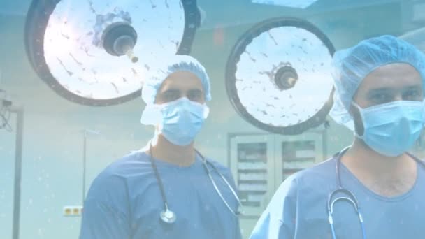 Composição Digital Manchas Luz Contra Equipe Cirurgiões Que Usam Máscara — Vídeo de Stock