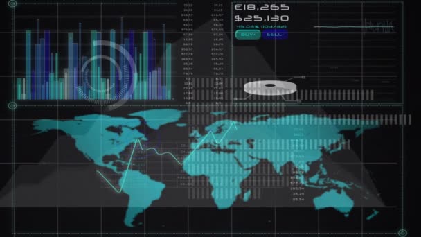 世界地図上の統計と財務データ処理のアニメーション デジタルで生成されたビジネス データ処理 テクノロジーの概念は — ストック動画