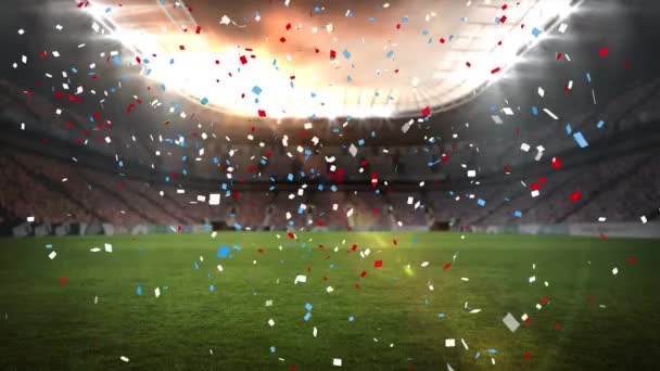 Digitale Animatie Van Kleurrijke Confetti Vallen Tegen Sportstadion Achtergrond Sporttoernooi — Stockvideo