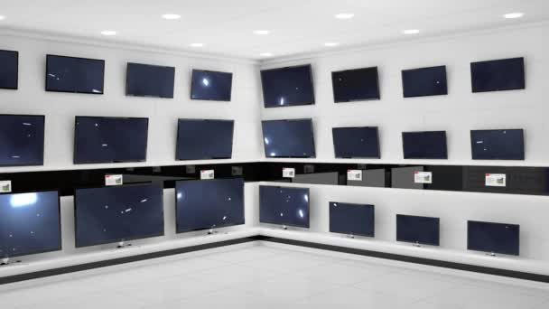 电子设备商店的内部 在多台电视机的屏幕上播放同步视频 电子和零售企业技术概念 — 图库视频影像