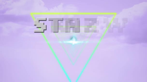 数字动画的起点文字在霓虹灯三角形形状在紫色背景的无缝运动 电子游戏界面和技术概念 — 图库视频影像