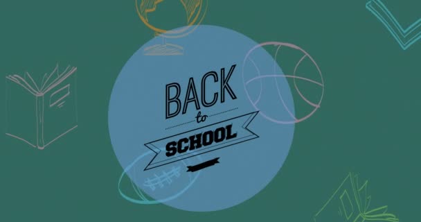 Animation Back School Text School Items Εικονίδια Πράσινο Φόντο Έννοια — Αρχείο Βίντεο