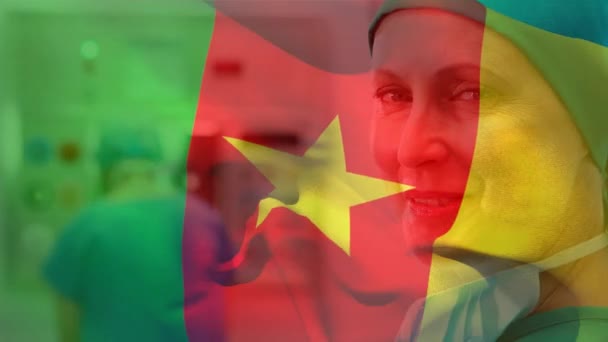 Digitale Compositie Van Cameroon Vlag Zwaaiend Tegen Portret Van Vrouwelijke — Stockvideo