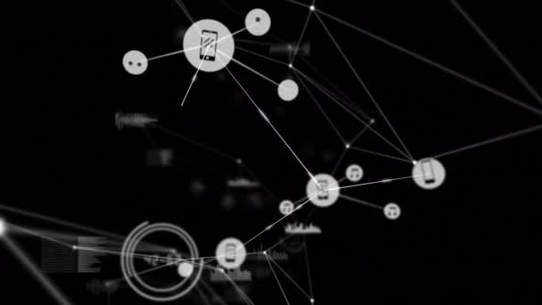 Κινούμενα Σχέδια Δικτύων Συνδέσεων Εικονίδια Μαύρο Φόντο Παγκόσμιες Συνδέσεις Ψηφιακή — Αρχείο Βίντεο