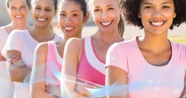 Animation Pink Survivors Text Blue Wave Diverse Group Smiling Women — Stock Video