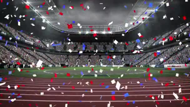 Digitální Animace Barevných Konfet Dopadající Sportovní Stadion Pozadí Sportovní Turnaj — Stock video