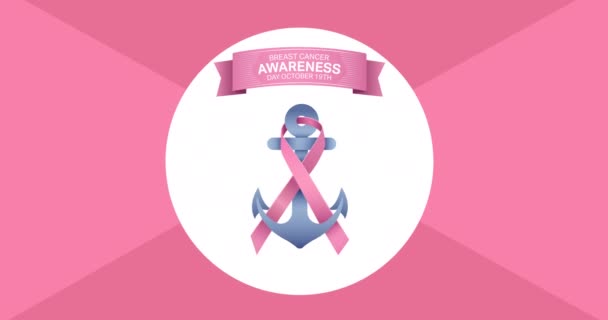 Animation Pink Ribbon Anchor Logo Breast Cancer Text Appearing Pink — Stock Video